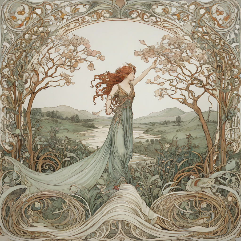 Art Nouveau scenery, wide shot, full-body view, on a plain white background, with intricate details and flowing curves