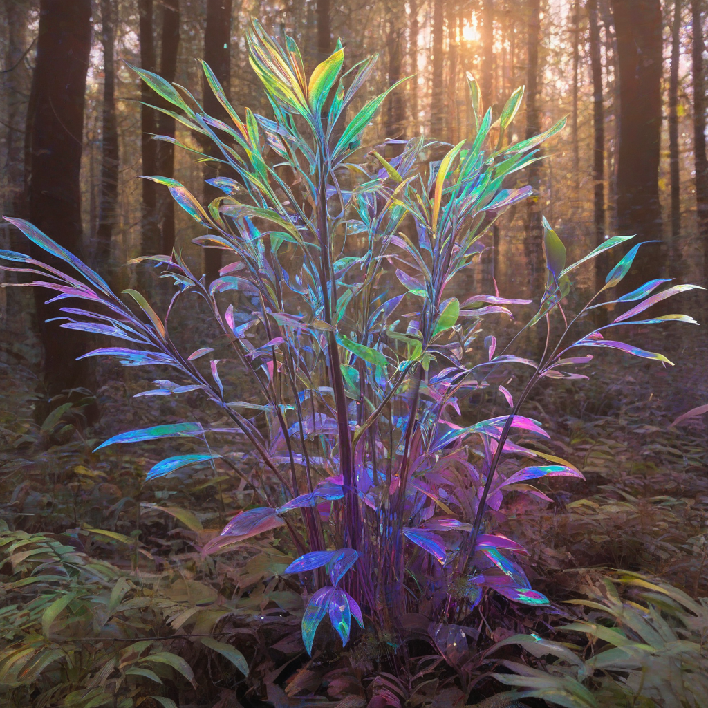 Vibrant, glowing fantasy plant with iridescent leaves and stems, in a wide shot, soft warm lighting, subtle shimmer, amidst a lush forest
