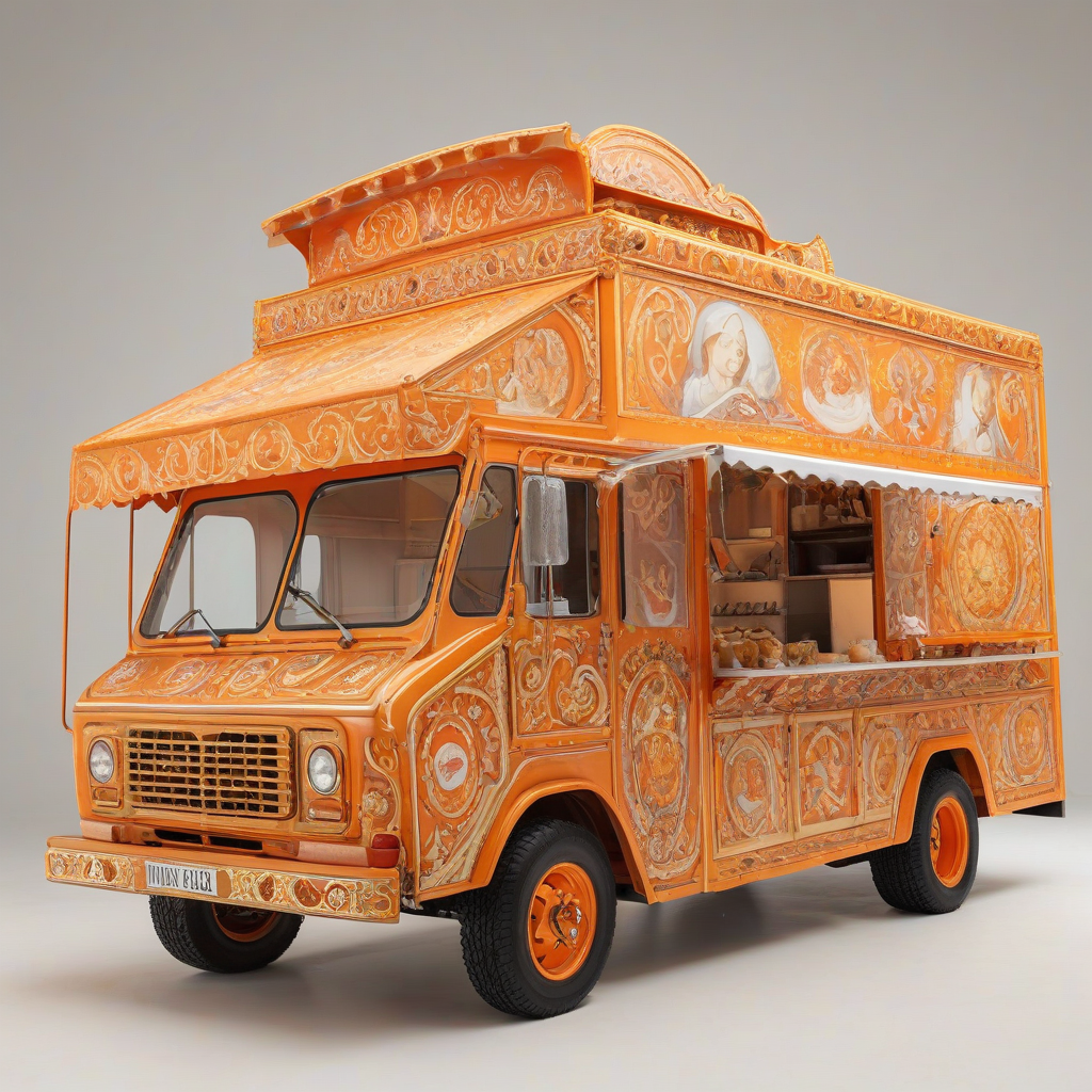 A bright orange food truck, with a wide shot of the entire vehicle, including wheels and roof, on a plain white background, in the style of Renaissance art, with warm golden lighting and intricate details, full-body view of the truck