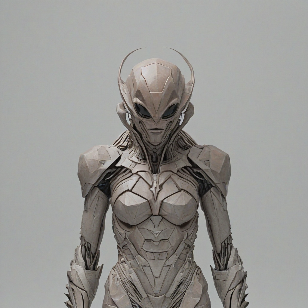 A brutalist alien with peach skin on a plain white background, wide shot, sharp edges, geometric shapes, even lighting