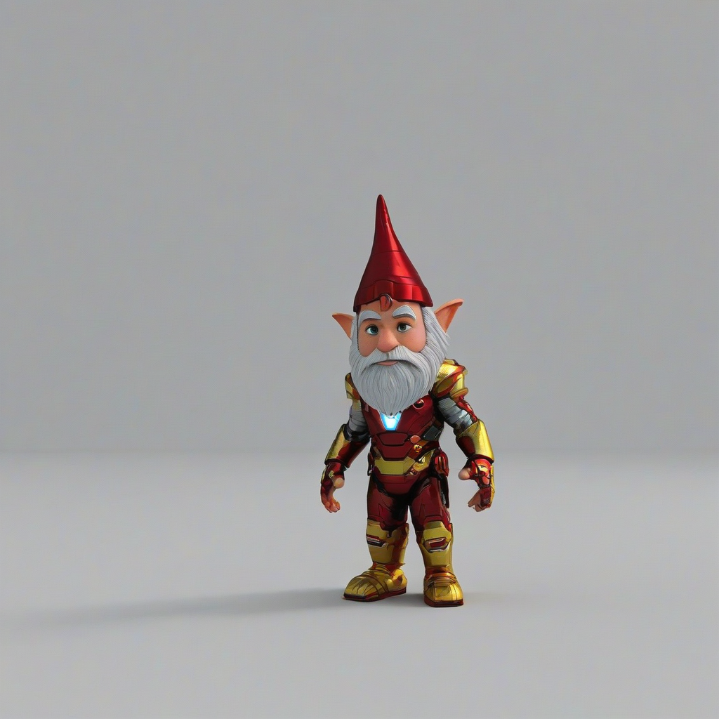 3d animation Ironman gnome, vivid colors, on a plain white background, even lighting