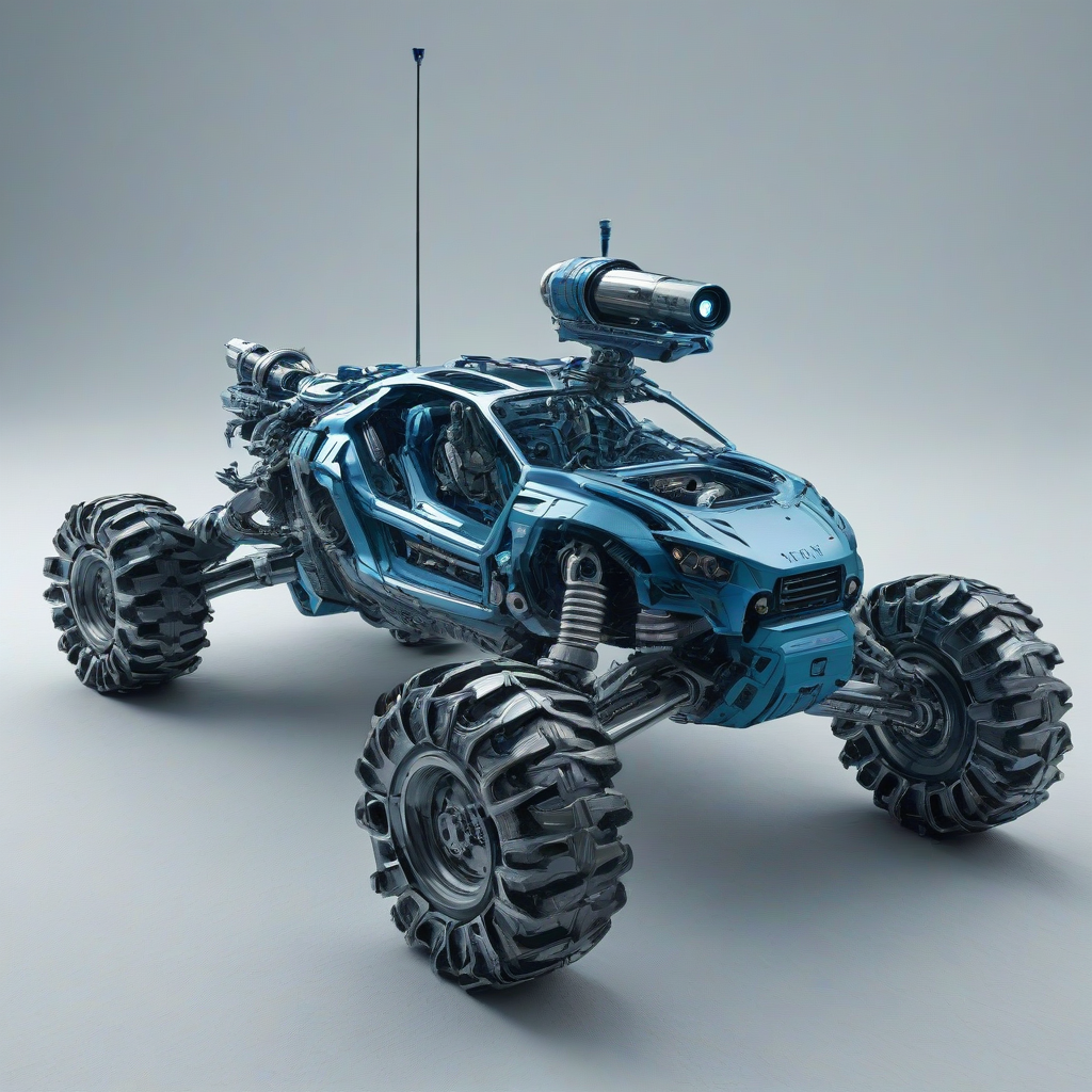 A full-body view of a futuristic,  livid blue color rover with intricate, organic-inspired details and biomechanical elements, set against a plain white background, in a wide-shot composition with dramatic, dynamic shadows and soft, natural lighting, in the style of a highly detailed, digital illustration with a focus on realism and texture, with the rover's mechanics prominently displayed, and its livid blue color scheme accented with metallic silver and copper tones,, on a plain white background, even lighting