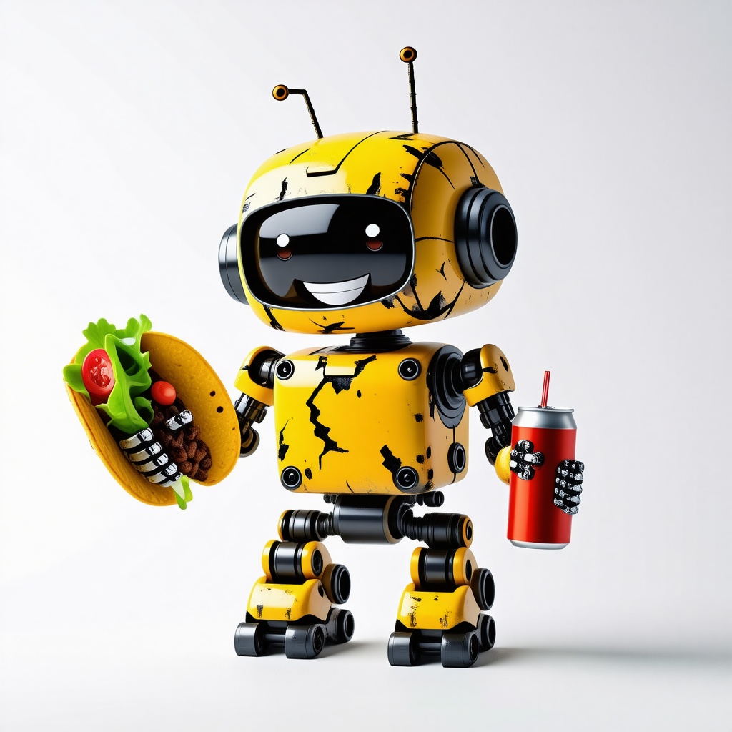 A small, yet happy little robot with chipped yellow paint on its body and around its face. It holds a taco in one hand and a can of soda in another hand