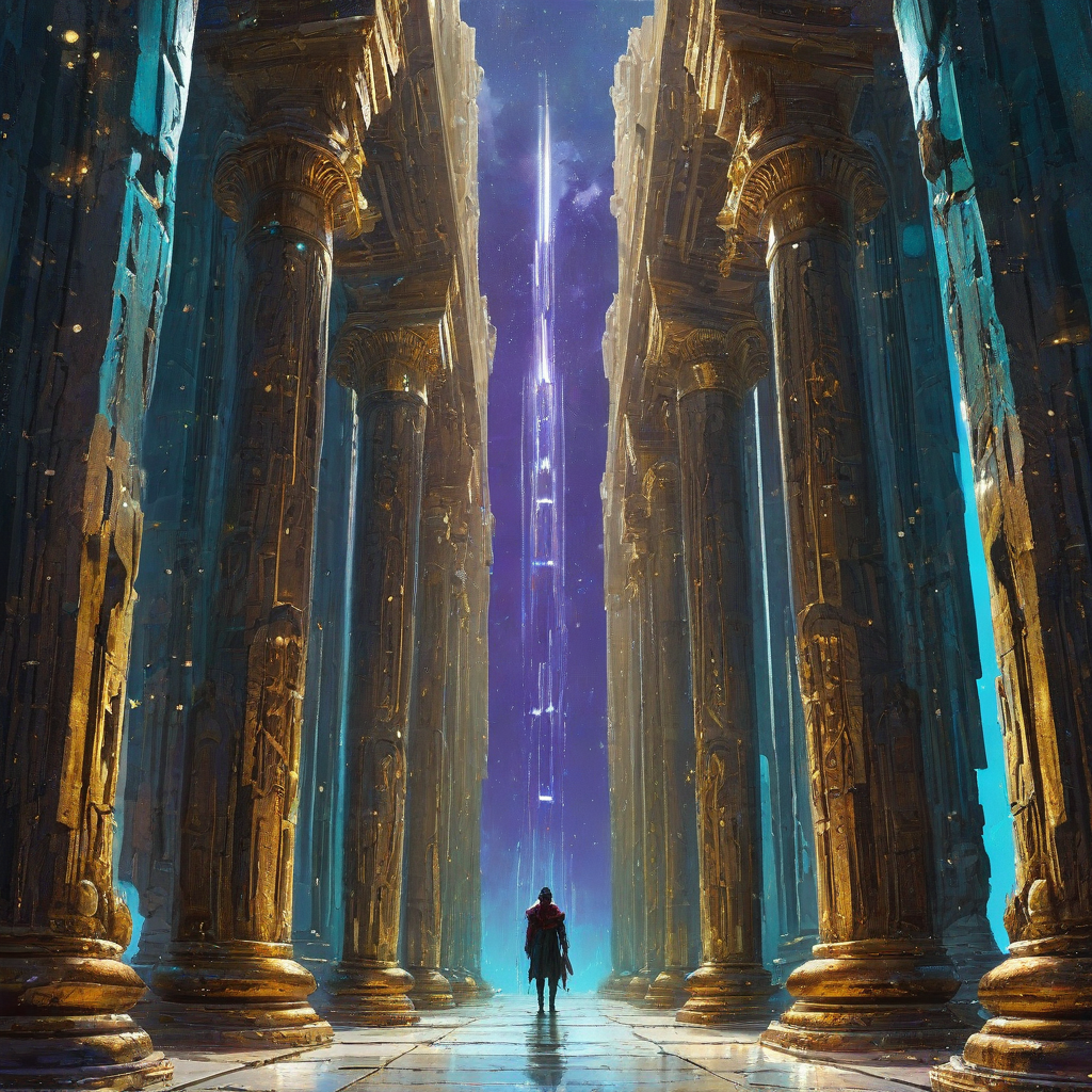 Digital art of a low angle shot looking up at giant ancient celestial pillars lined up starting at the foreground and disappearing in the horizon, gold, purple, aqua, and white accent colors, twinkling lights in the cracks in the pillars, ancient elvish runes carved into the pillars, Jeremy Mann and Syd Mead influenced art styles