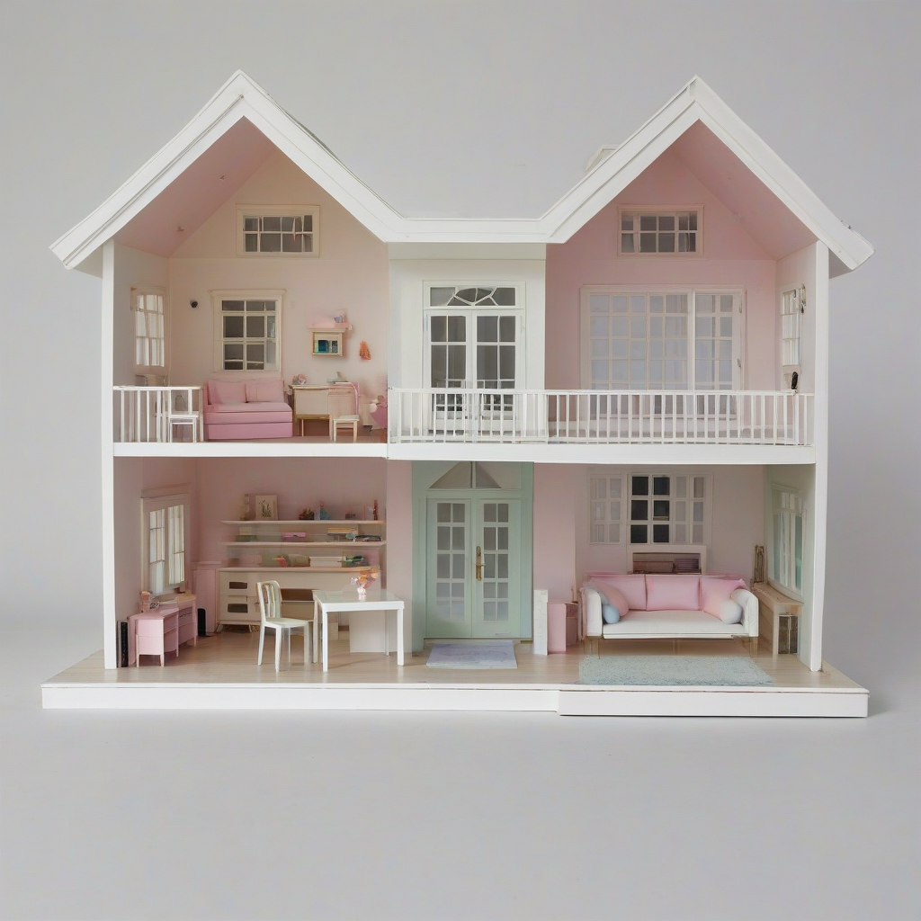 A highly detailed, full-body view of a Barbie doll house with a modern, minimalist architectural style, pastel color scheme, and a wide shot that captures the entire house, including the front door, windows, and roof, on a plain white background, with soft, natural lighting and subtle shadows, in the style of digital illustration, on a plain white background, even lighting 