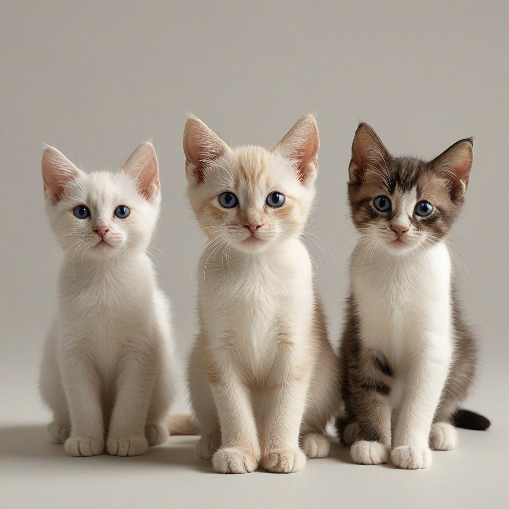 Three adorable kittens, one is a Siamese kitten, another one is a white kitten, and the third one is a calico kitten,  full-body view, wide shot, feet visible, sitting on a plain white background, with soft natural lighting, and a warm color palette, in a digital illustration style