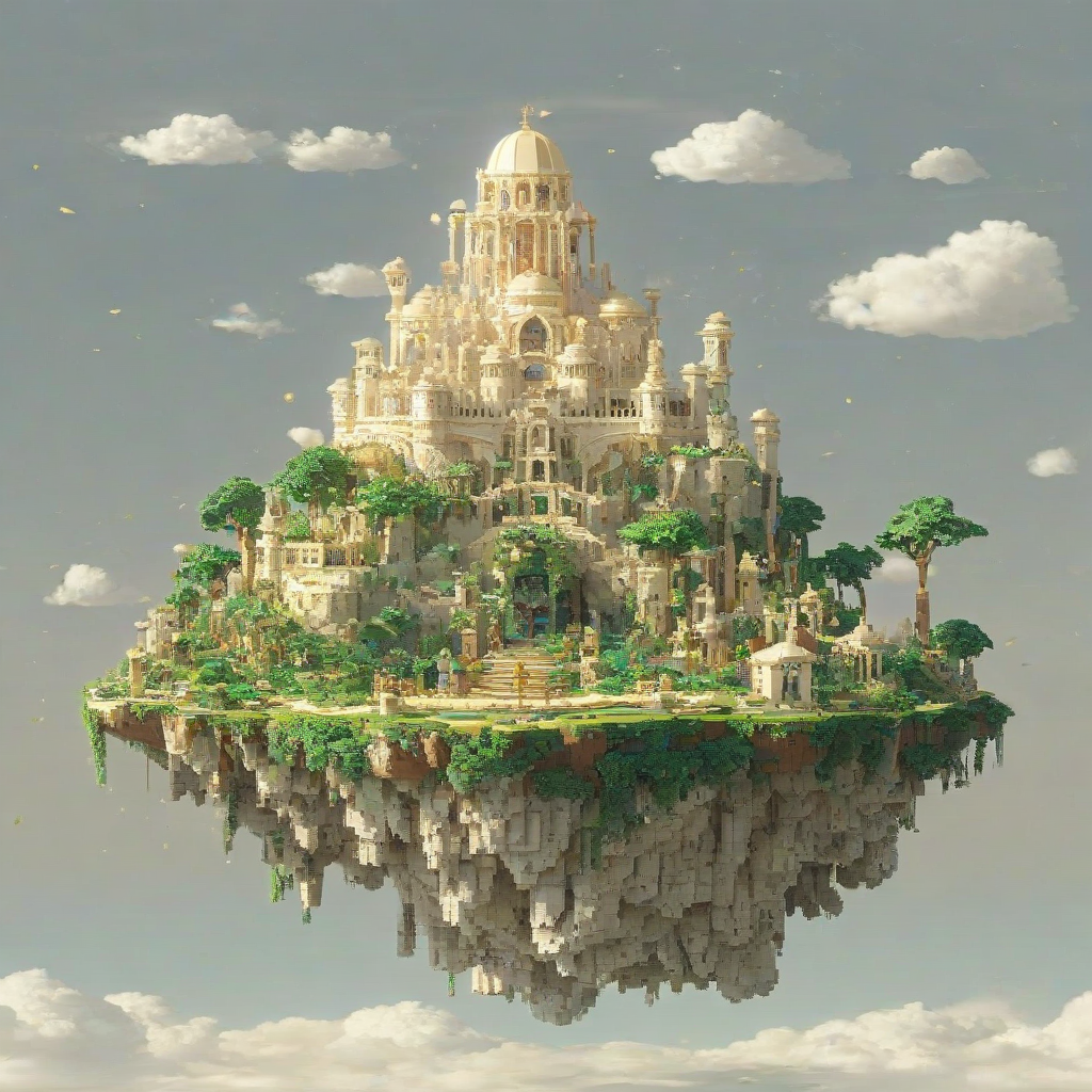 A beautiful, serene floating island made entirely of ivory, with intricate pixel art details and a soft, warm glow, set against a plain white background, in a wide shot with the entire island visible, full-body view, with a bright, sunny sky and a few puffy white clouds, in a fantasy, dreamlike atmosphere, with a sense of magic and wonder, on a plain white background, even lighting