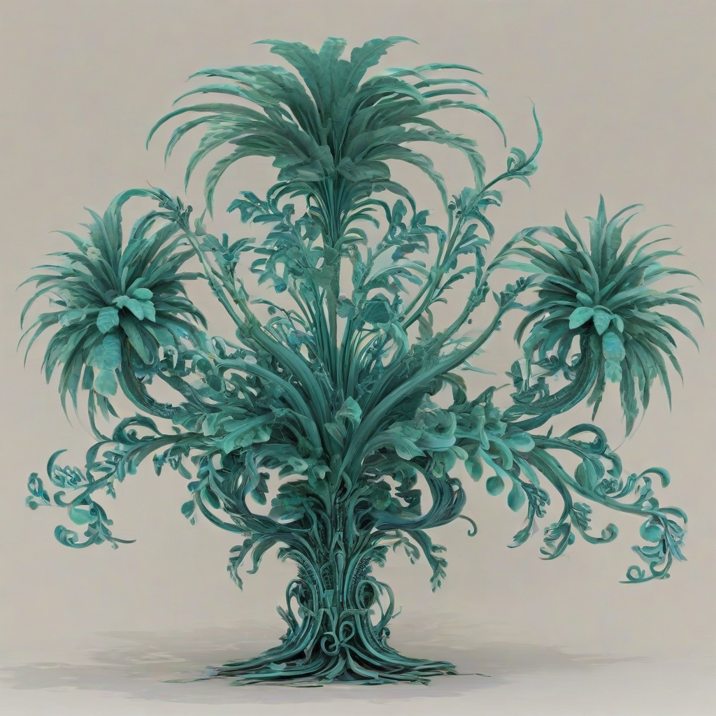 A full-body view of a detailed, turquoise-colored, ornate Baroque-style plant with intricate patterns and designs, set against a plain white background, with soft, natural lighting and subtle shadows, in a wide shot, with the plant's roots and leaves visible, in a digital art style, with bold lines and vibrant colors, on a plain white background, even lighting