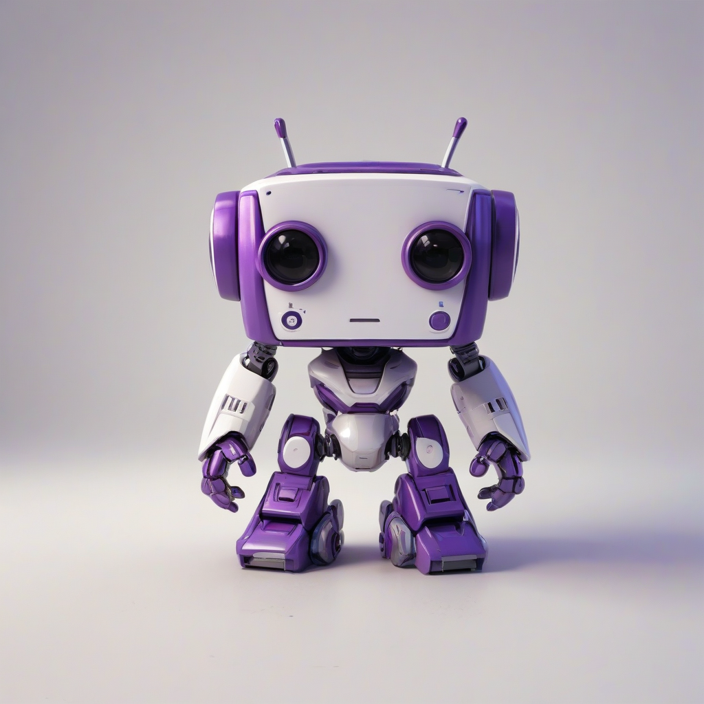A cute, purple and white video game robot with a stumpy body, big eyes, and a cubic face, standing in a full-body view with its feet visible, on a plain white background, in a comic book art style with bold lines and bright colors, with a wide-angle shot and bright lighting, on a plain white background, even lighting 