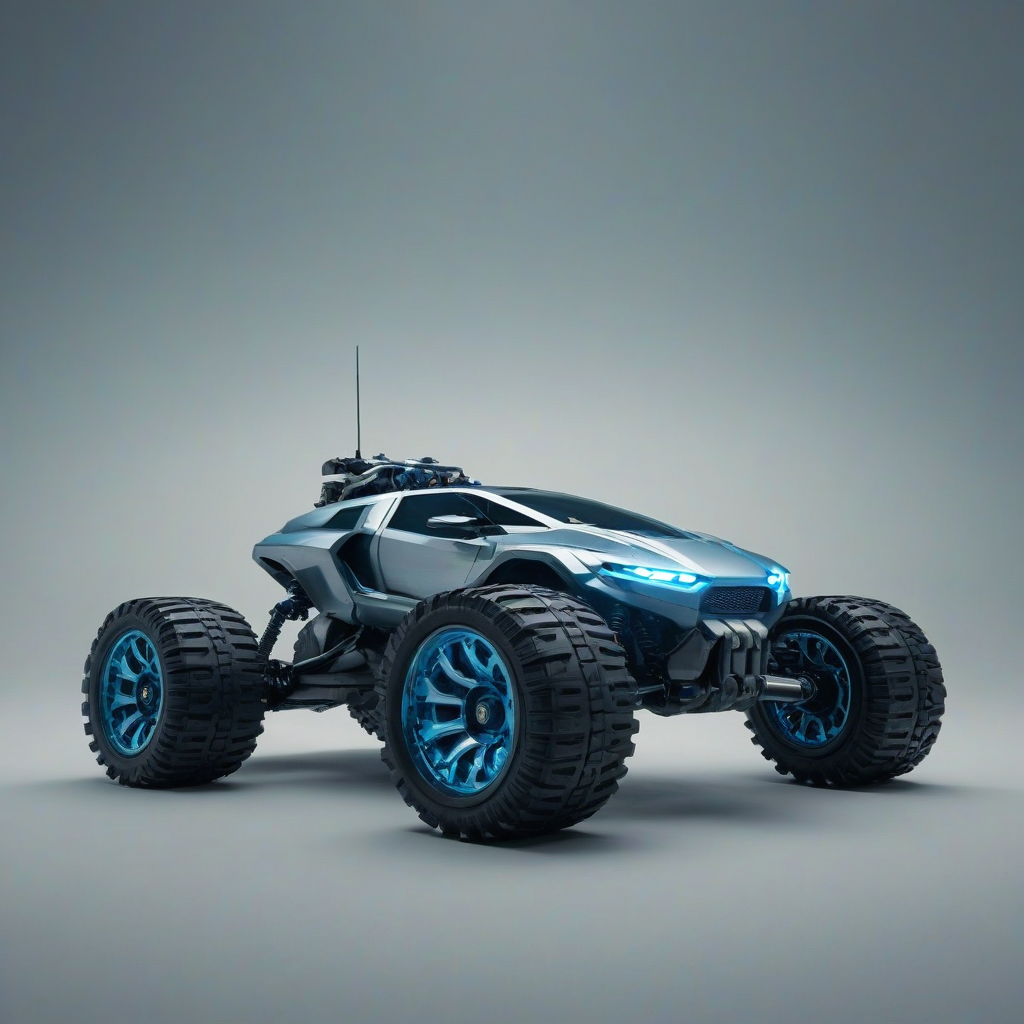 A futuristic rover with a metallic body and six wheels, set against a plain white background, in a dark fantasy style with muted colors and dramatic shadows, with a dominant sky blue hue, in a full-body view with all wheels visible, with a wide-angle shot and a slight low-angle perspective to convey a sense of power and exploration