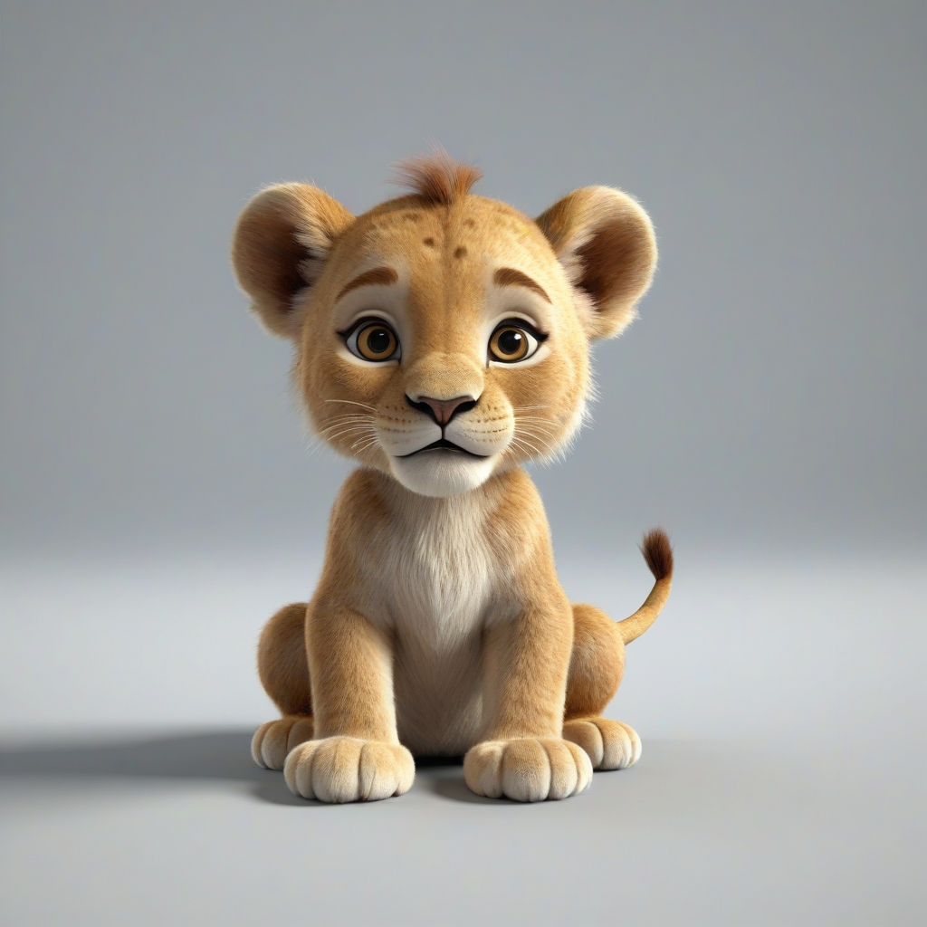3d cartoon animation, cute baby lion, short body, rounded features, sweet expression on its face, on a plain white background, even lighting