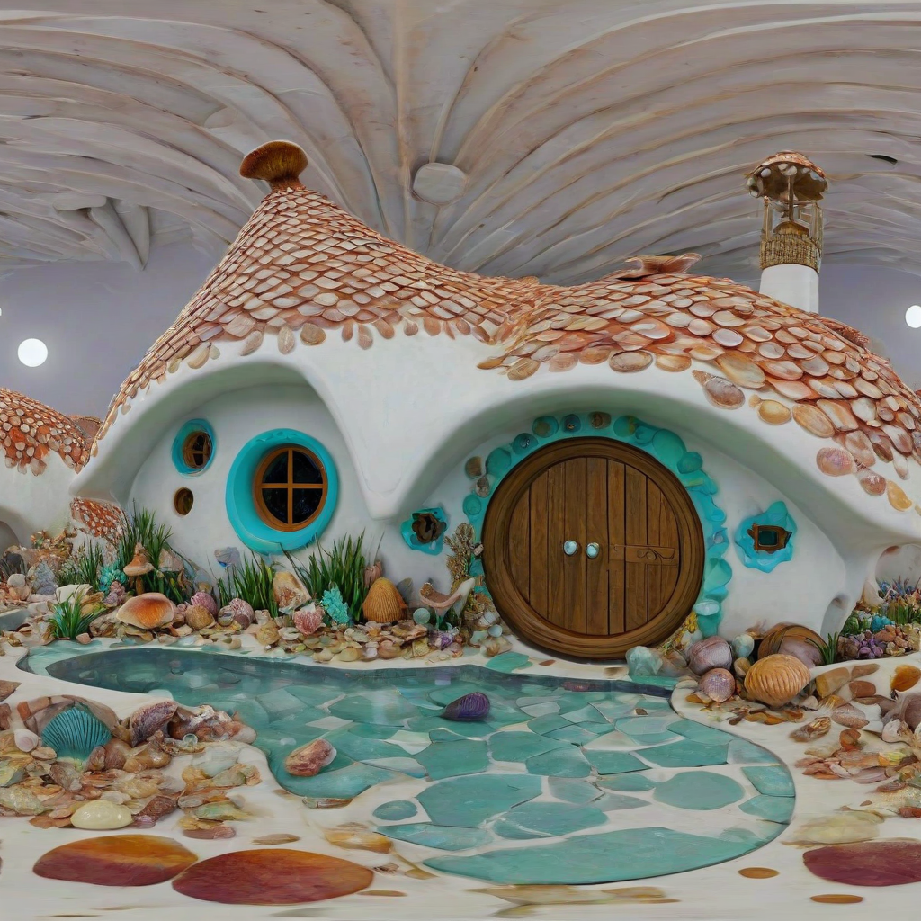 3D cartoon animation style sea shell style hobbit house with a pearlescent sea shell roof, bright and vivid colors, on a plain white background, even lighting
