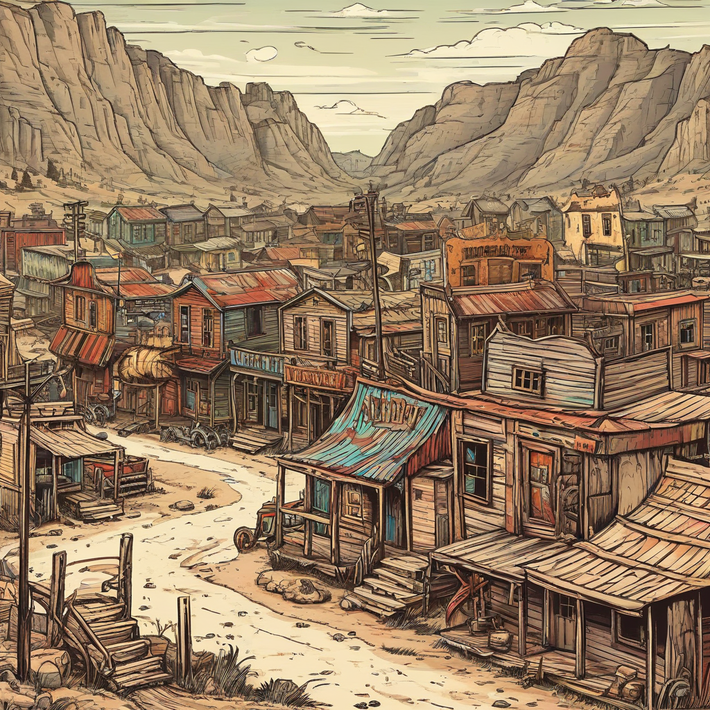 A hand-drawn, cell shaded style illustration of an old, run down wild west town with bright and vivid colors, full-body view, wide shot, with visible foundations, set against a plain white background, in the style of a vintage cartoon, on a plain white background, even lighting