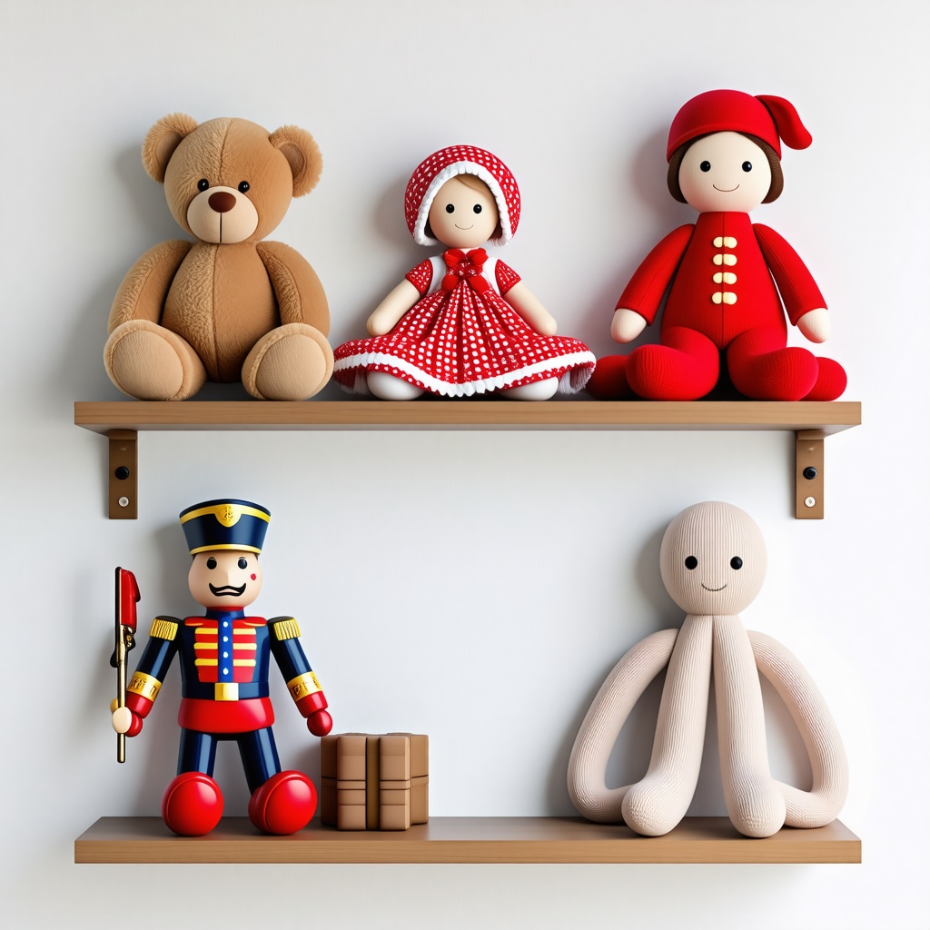 A shelf with several different toys on it: a teddy bear, a porcelain doll, a toy soldier, and a stuffed octopus