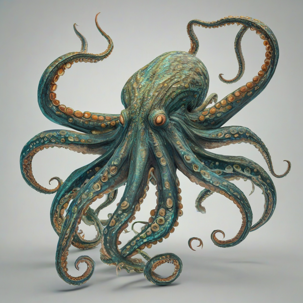 A large, detailed kraken, with long tentacles and a massive body, in a full-body view, on a plain white background, in the style of a digital illustration, with vibrant colors and intricate details, and the kraken's body is covered in bioluminescent spots, on a plain white background, even lighting 