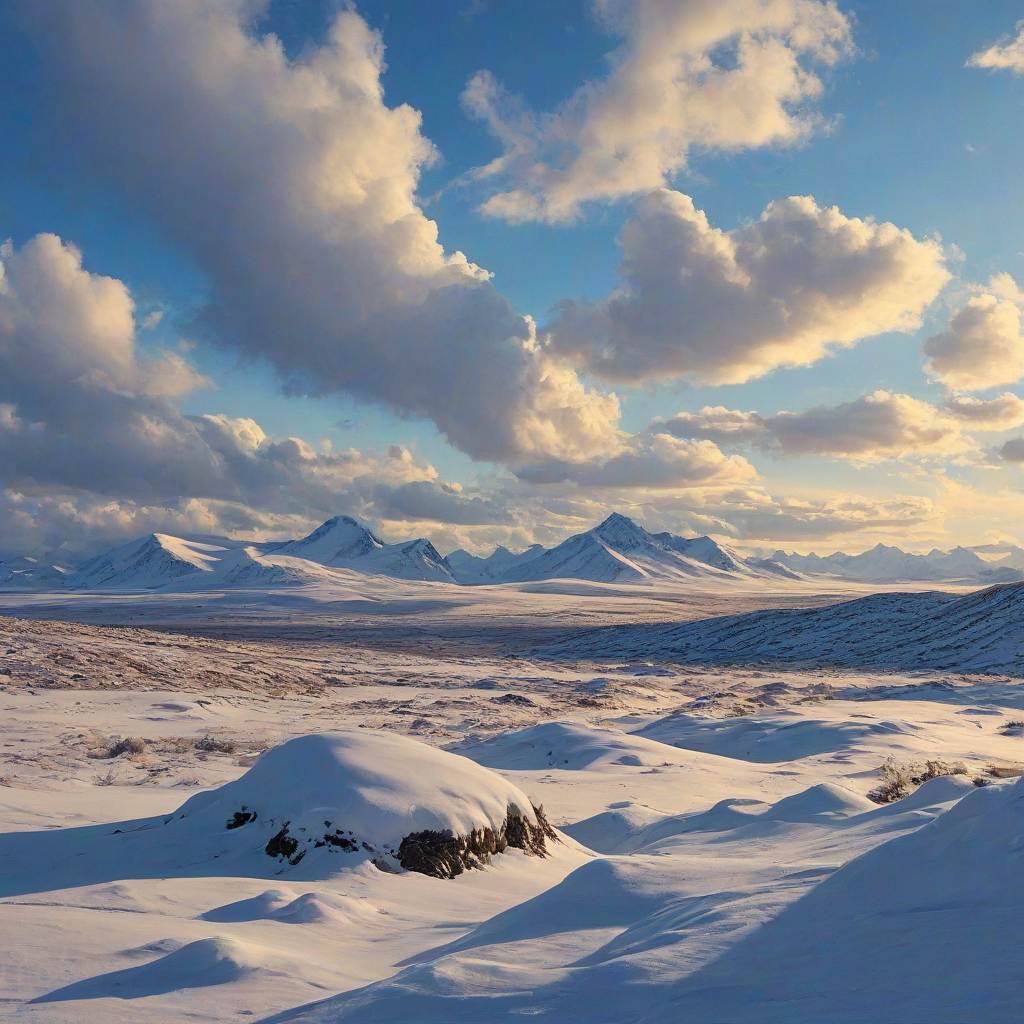 Michael Pavlovich art style, snowy tundra scene, vibrant puffy clouds