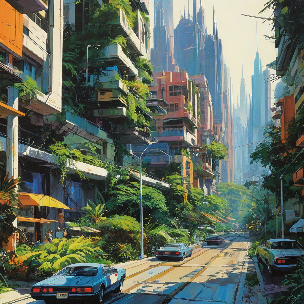 Vibrant ecopunk cityscape, lush greenery, colorful buildings, Syd Mead art style, on white