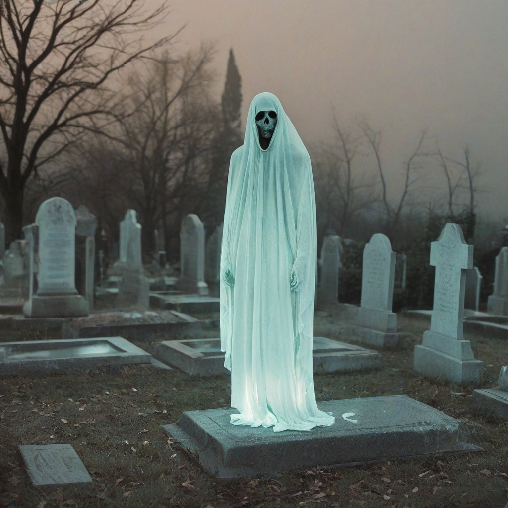 A creepy ghost, full-body view, wide shot, transparent and eerie, with a faint glow, on a grave yard background, digital art style, high contrast, bold lines, and vibrant colors