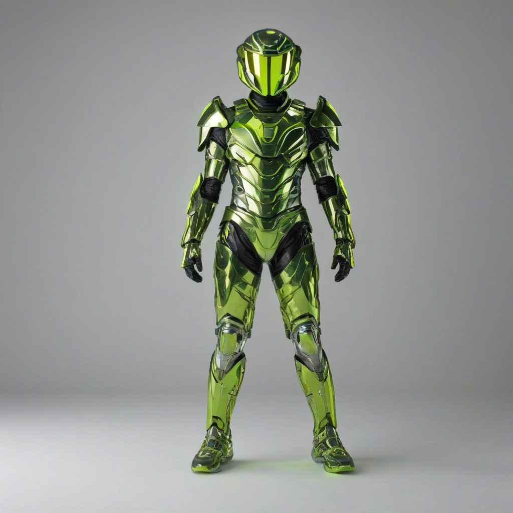 A full-body view of a futuristic, olive green, vaporwave-inspired piece of armor, with neon accents and a metallic sheen, set against a plain white background, with a wide-angle shot and dynamic shadows, in a digital art style with bold lines and vibrant colors