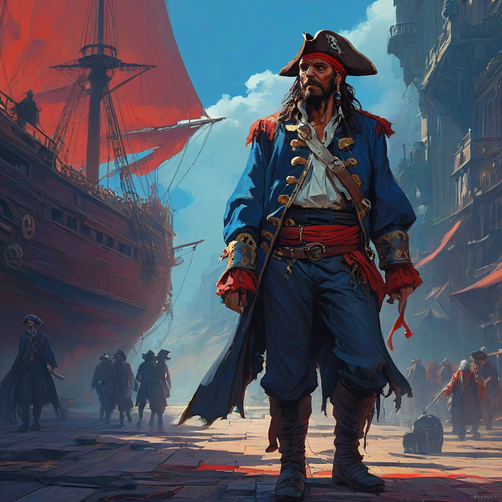 Digital art of a pirate wearing dramatically billowing clothes, the pirate is walking, his head is bowed down, vibrant red and blue accent color, Syd Mead and Andreas Rocha influenced art styles, whimsical mood