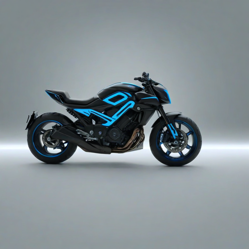 A sleek, black, cyberpunk-themed motorcycle, with neon blue accents and a futuristic design, in a wide shot, with the entire vehicle visible, including wheels and exhaust pipes, on a plain white background, with a dark and moody atmosphere, and a sense of dynamic movement, as if it's about to speed away, with a focus on the vehicle's metallic surface and neon lights, on a plain white background, even lighting