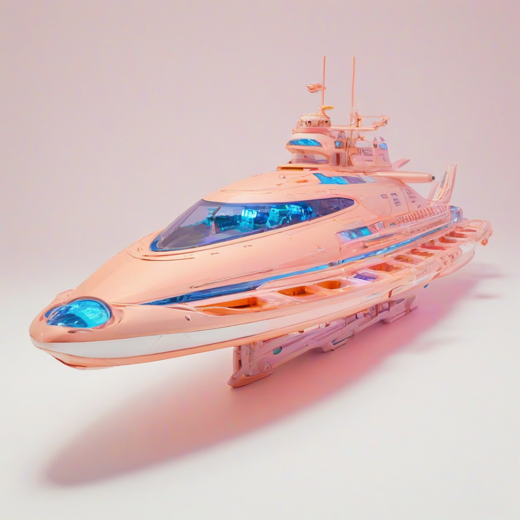 A futuristic, peach-colored, vaporwave-inspired ship with neon lights and a sleek, retro-futuristic design, set against a plain white background, in a wide shot with the entire ship visible, including the hull, sails, and propellers, with a dreamy, nostalgic atmosphere and a sense of dynamic movement, as if it's sailing through a digital sea, on a plain white background, even lighting 