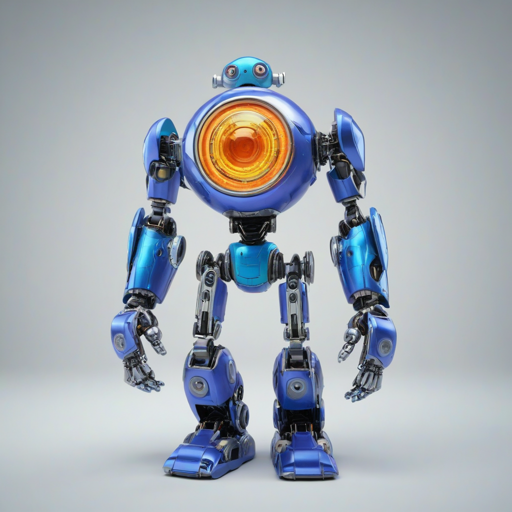 A full-body view of a periwinkle-colored robot, with a cartoon style, standing on a plain white background, with bright and vibrant colors, and a wide-angle shot, featuring a fun and playful expression, with detailed mechanical parts and a shiny metallic surface, in a digital art style with bold lines and textures, on a plain white background, even lighting