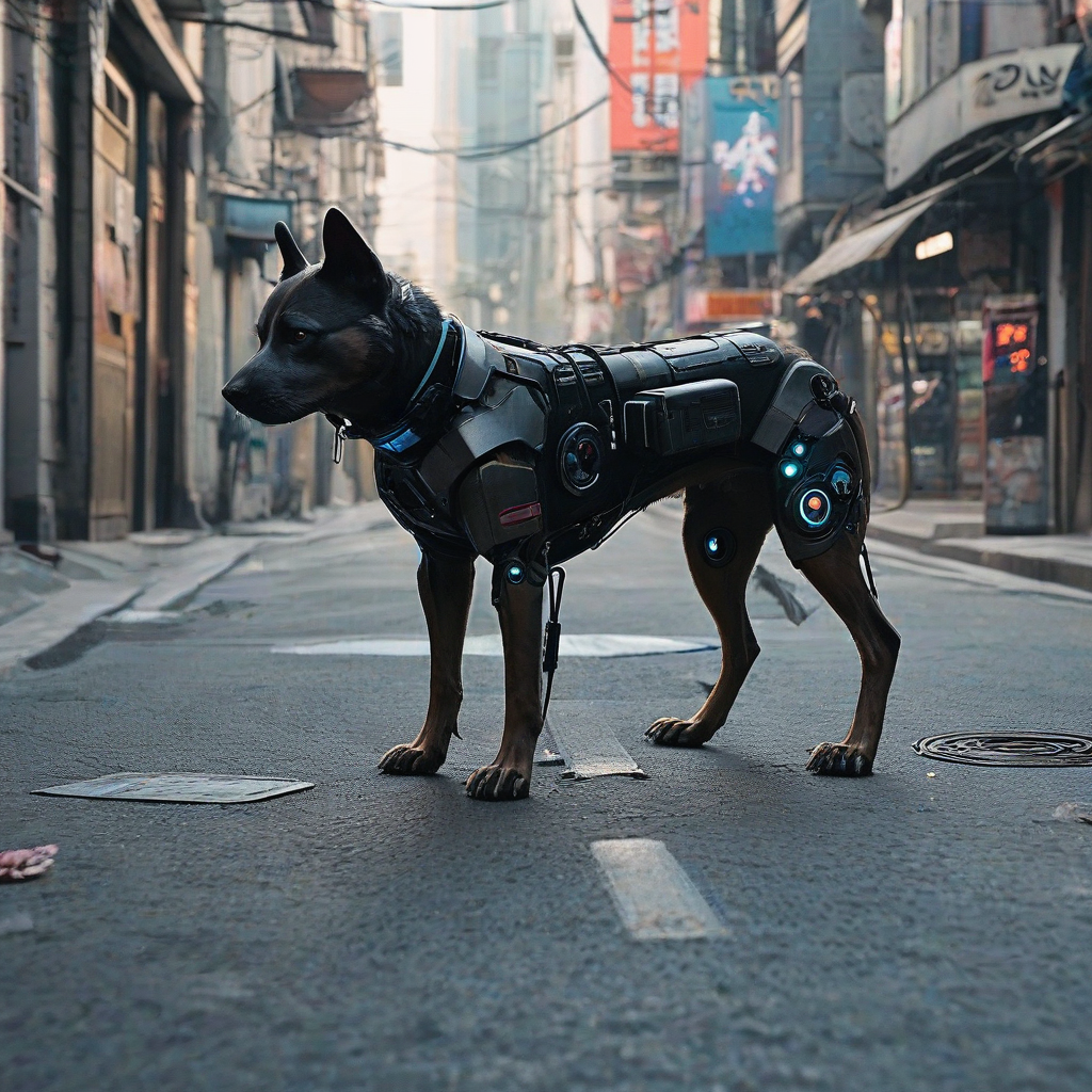 A cyberpunk dog in a street
