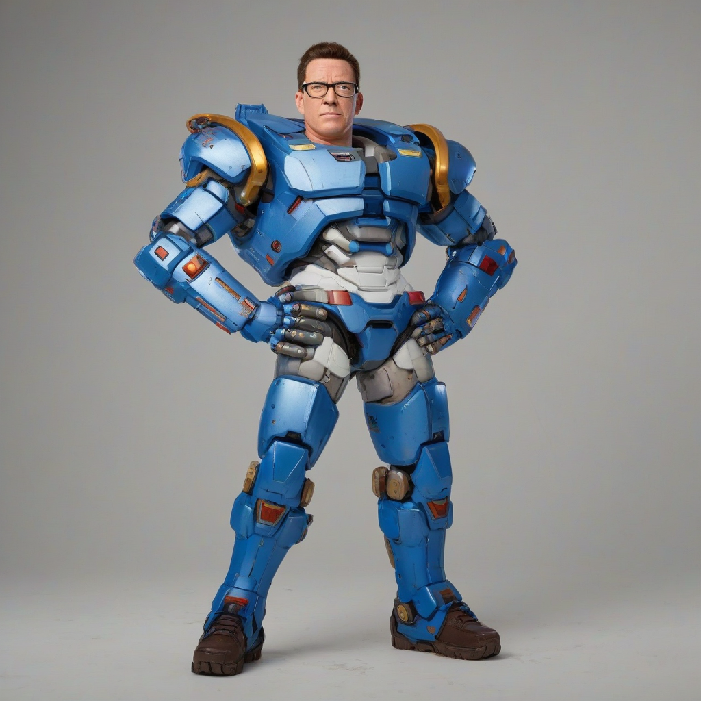Mecha Hank Hill, on a plain white background, with even lighting, wearing blue leg armor and square rimmed eyeglasses