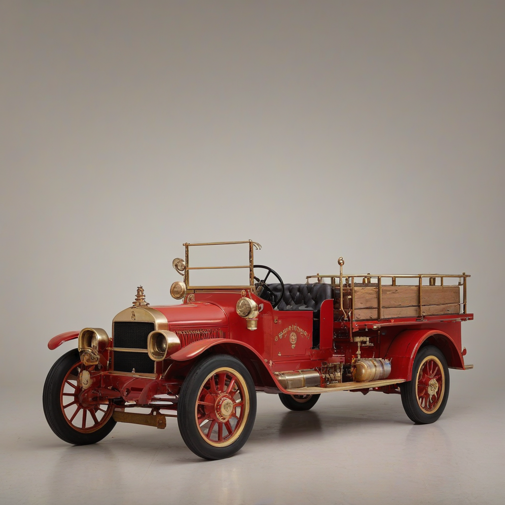 A fully restored, antique red fire truck, with brass fixtures and wooden wheels, in a wide shot, on a plain white background, with a soft, warm lighting, in the style of a vintage photograph, on a plain white background, even lighting 
