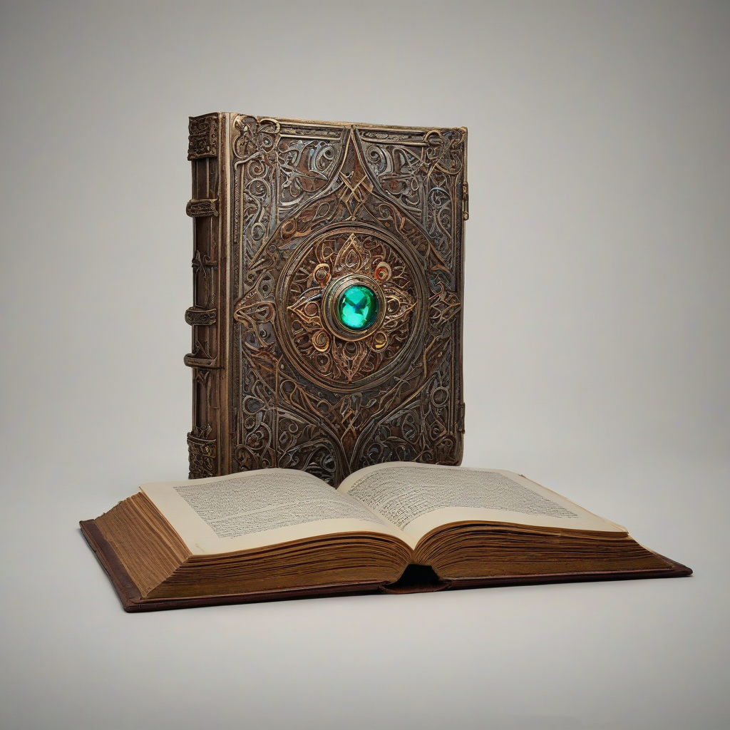 A highly detailed, magical glowing book with intricate bronze details and a Byzantine colored glowing jewel at its center, set against a plain white background, in a wide shot with the book's base visible, illuminated by soft, warm lighting with dynamic shadows, in the style of a fantasy illustration with subtle texture and depth, full-body view of the book, on a plain white background, on a plain white background, even lighting