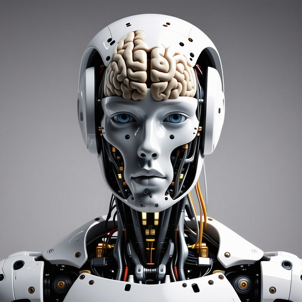 A humanoid robot a with sleek white exterior and a face made out of clear glass that shows a human brain connected to several wires encased inside the robot's face.