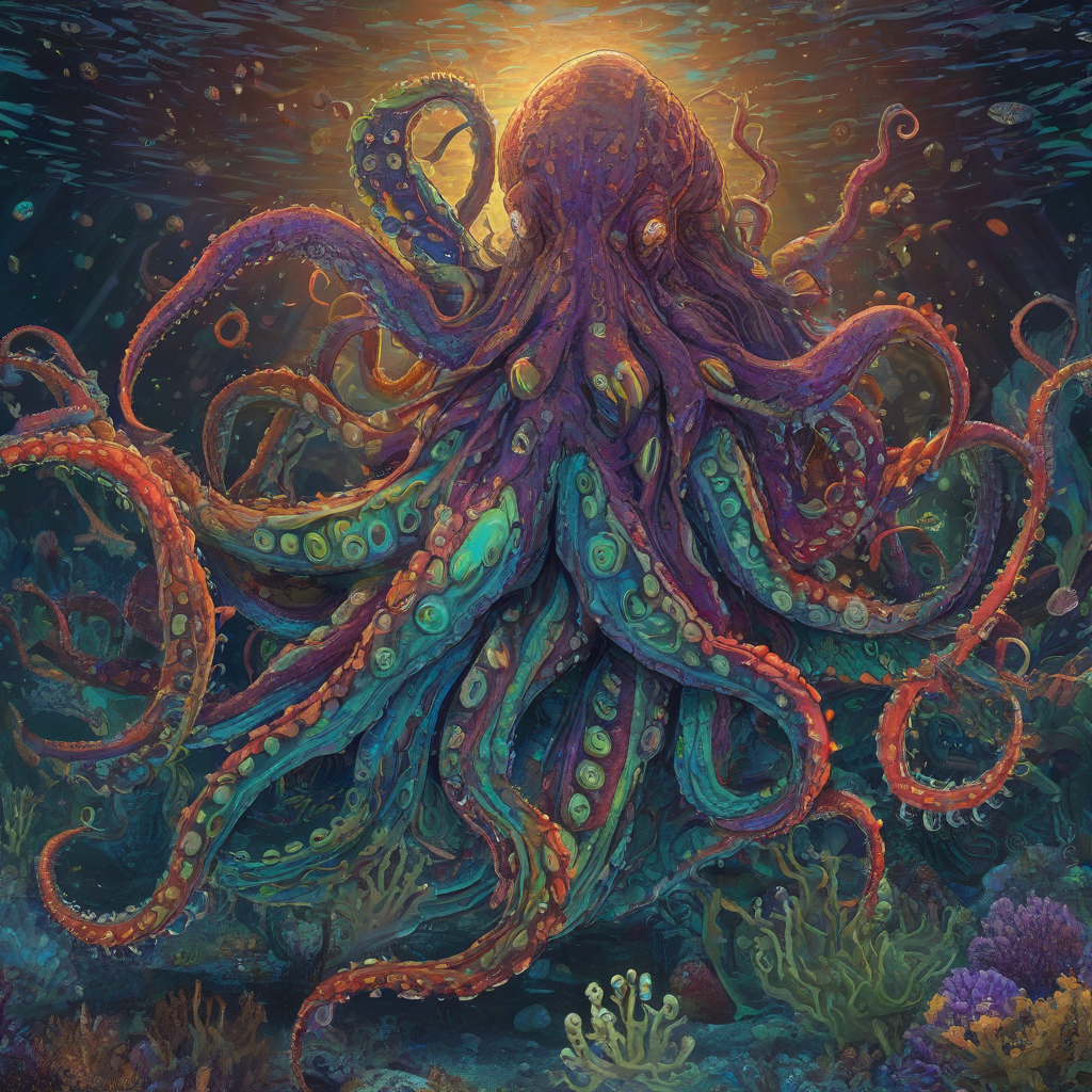 A large, detailed kraken, with long tentacles and a massive body, in a full-body view, under the sea, with a wide shot, and dynamic shadows, in the style of a digital illustration, with vibrant colors and intricate details, and the kraken's body is covered in bioluminescent spots