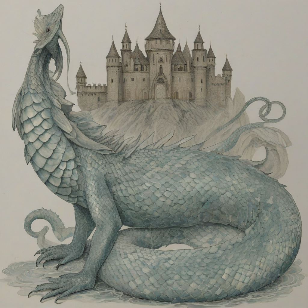 A full-body view of a majestic, serpentine underwater creature, with iridescent aquamarine scales that shimmer in the soft, diffused light of the ocean, set against a plain white background, in a medieval, mythical art style, with intricate, hand-drawn details and textures, wide shot, with the creature's body curled around a sunken, ancient castle, with schools of small fish darting through the ruins, and the creature's eyes glowing with a soft, ethereal light, on a plain white background, even lighting 
