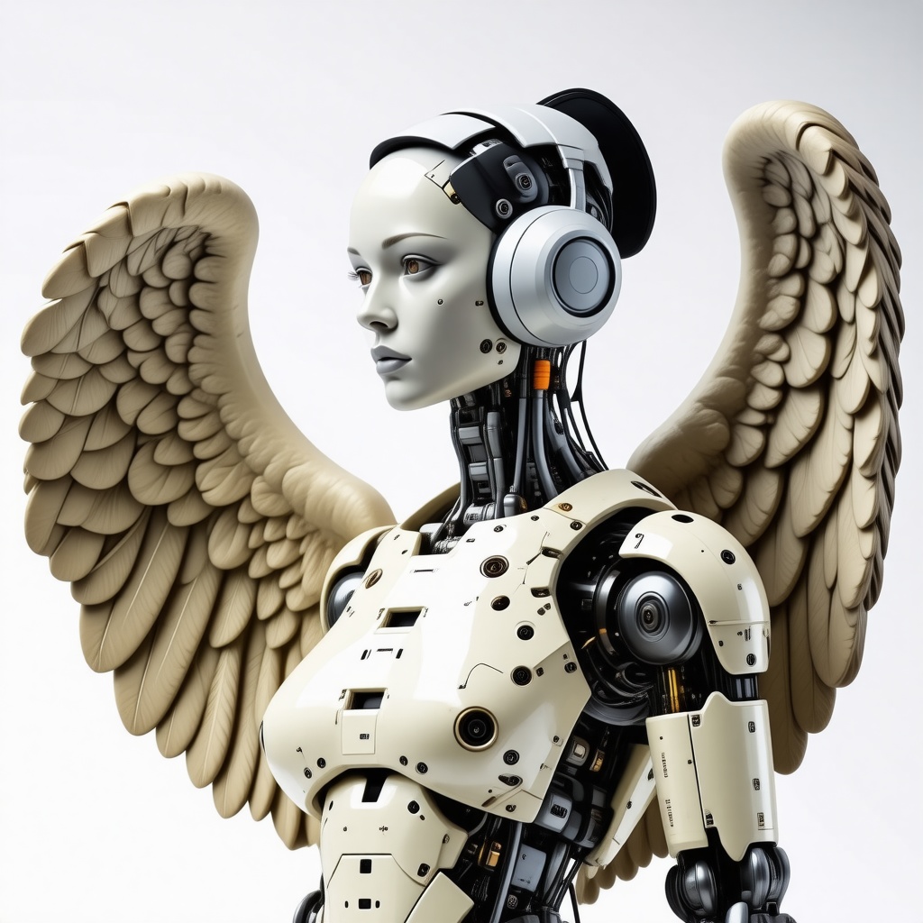 A Greek style statue of a cyberpunk angel. She is wearing headphones and half of her head is shaved and she has robotic wings