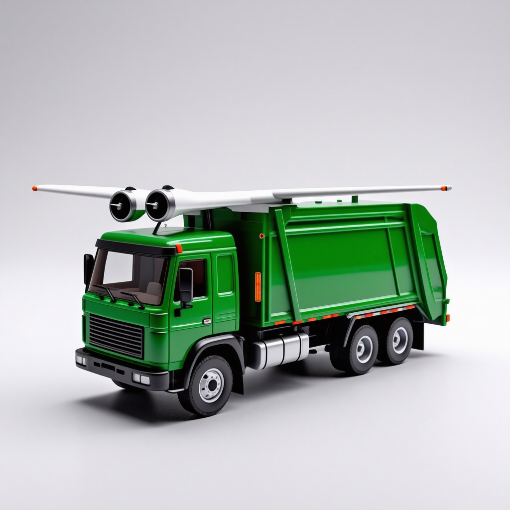 toy green trash truck with large sleek cessna style airplane wing on top