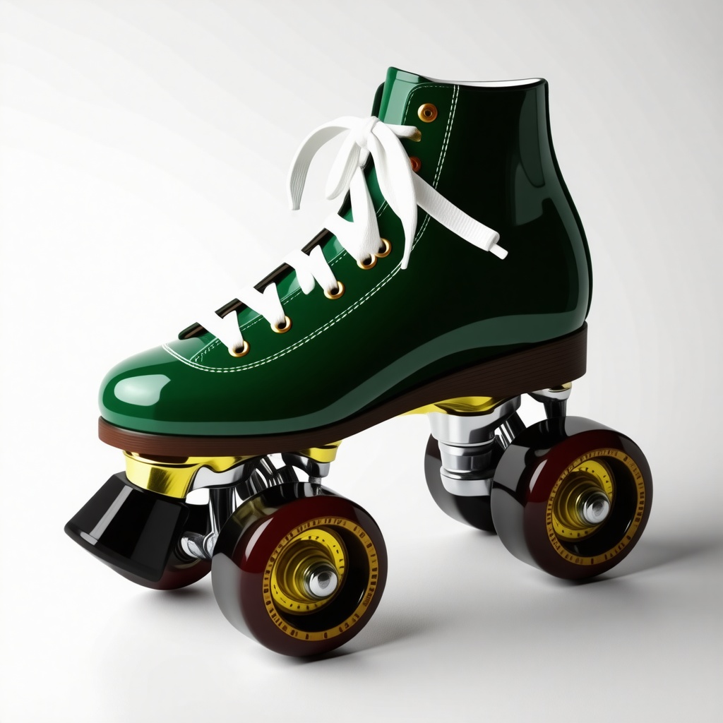 dark green four wheel roller skates with gold wheels and white laces