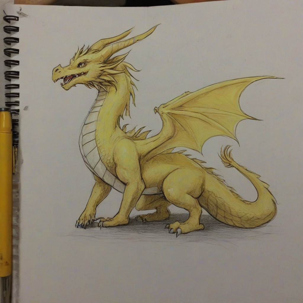 Sketch drawing of a yellow dragon with fur, no wings