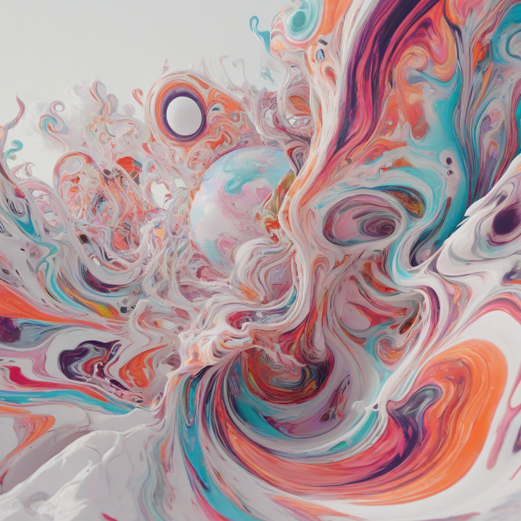 A vibrant, psychedelic melty scene with swirling colors and distorted shapes, in a wide shot with a plain white background, featuring a mix of digital art and surrealism styles, with dynamic shadows and backlight, and a dreamy, ethereal atmosphere