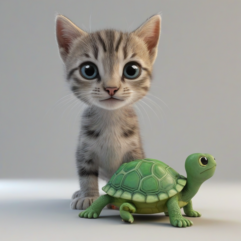 3d cartoon animation, only a single animal that has a mix of a baby kitten and a baby turtle, bright and vivid colors, large eyes, short body, round features, tiny nose, tiny feet, cute, happy expression on its face, only one in the shot, f, on a plain white background, even lighting