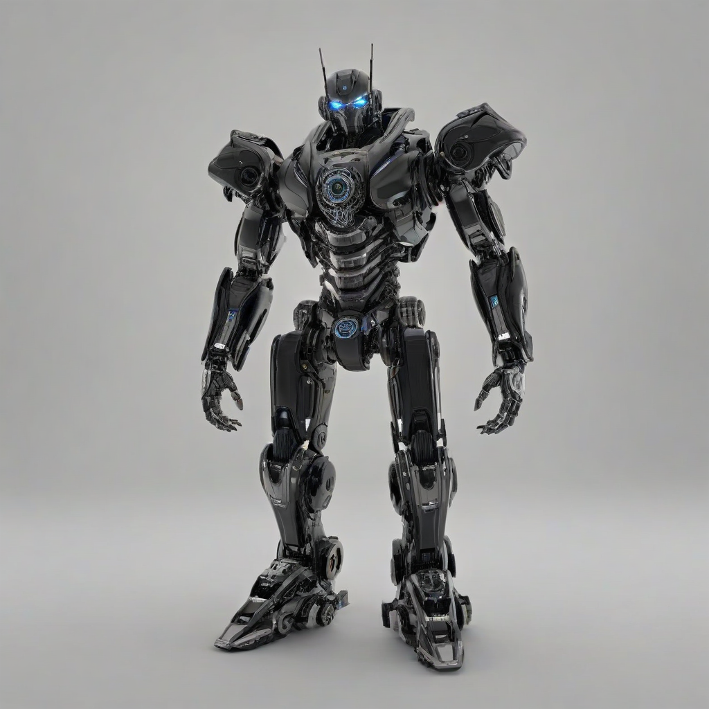 A black armed robot, full-body view, with a metallic finish, standing on a plain white background, with a wide-angle shot, and a backlight to accentuate its mechanical features, in a digital art style with precise lines and details
