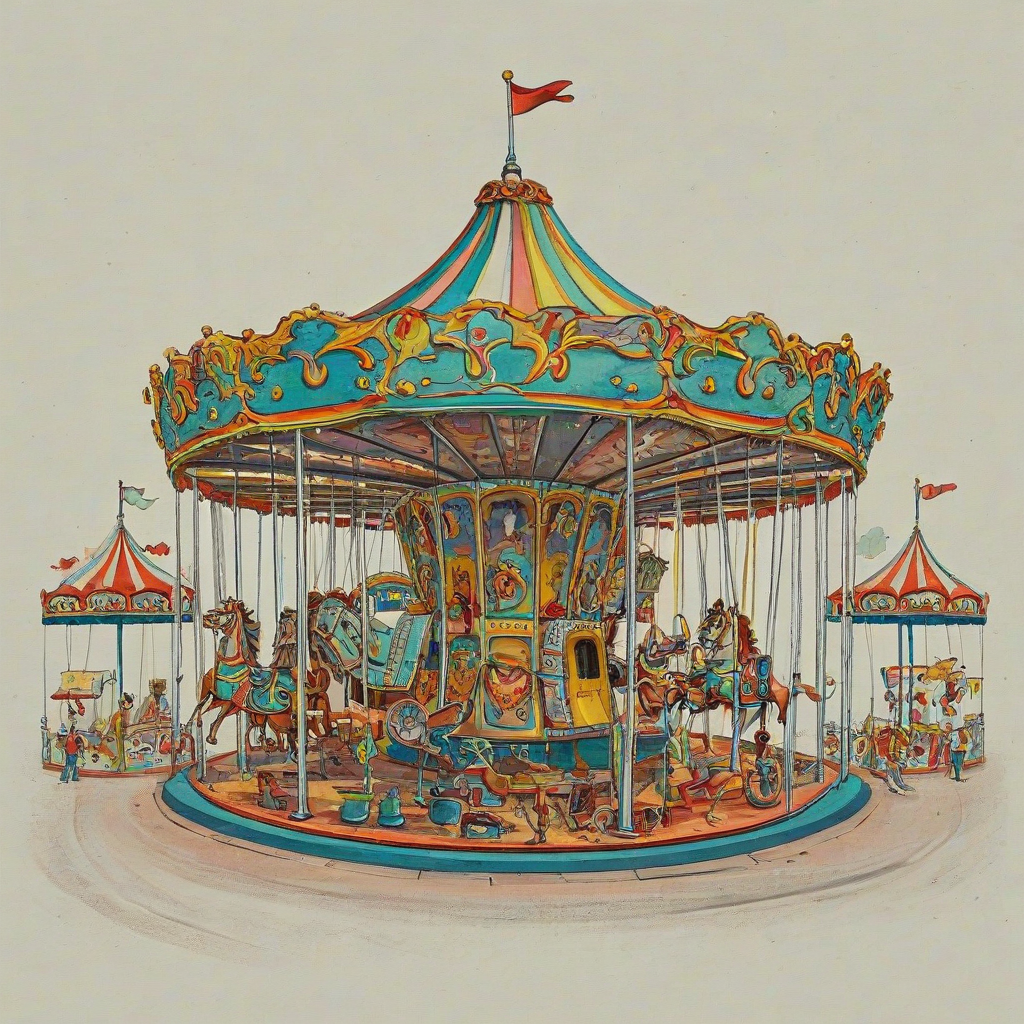 cartoon, hand-drawn, carousel, colorful, on a plain white background, even lighting