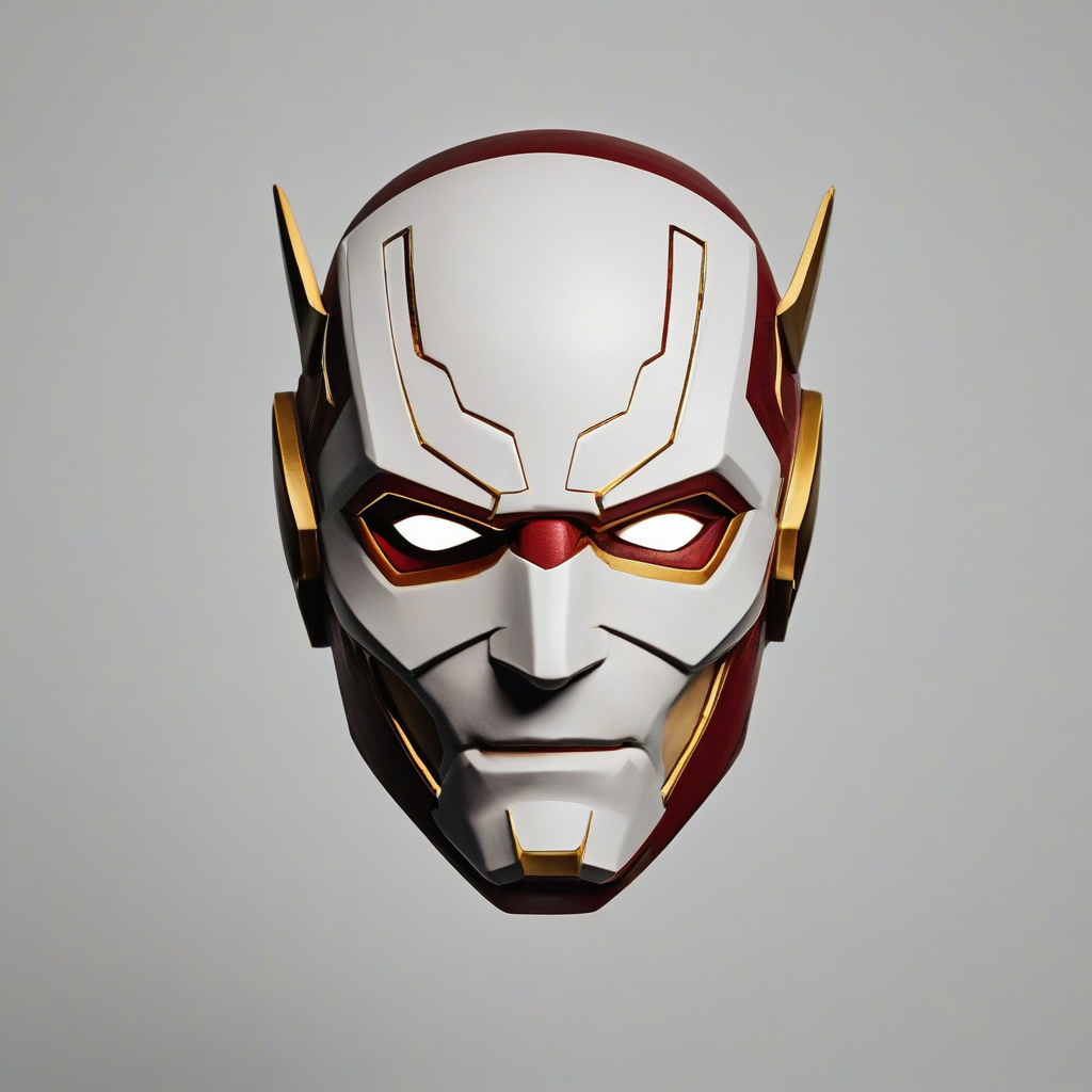A DC comics-style Flash mask, isolated on a plain white background with even lighting, with a predominantly red color scheme and golden accents