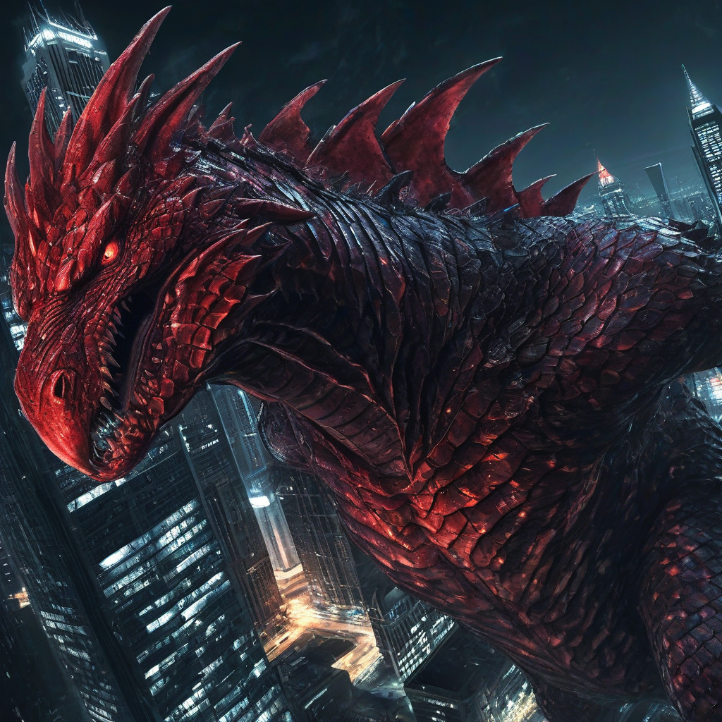 Raymond Swanland style giant scaly monster, red jagged scales, climbing skyscraper at night, police helicopters with search lights