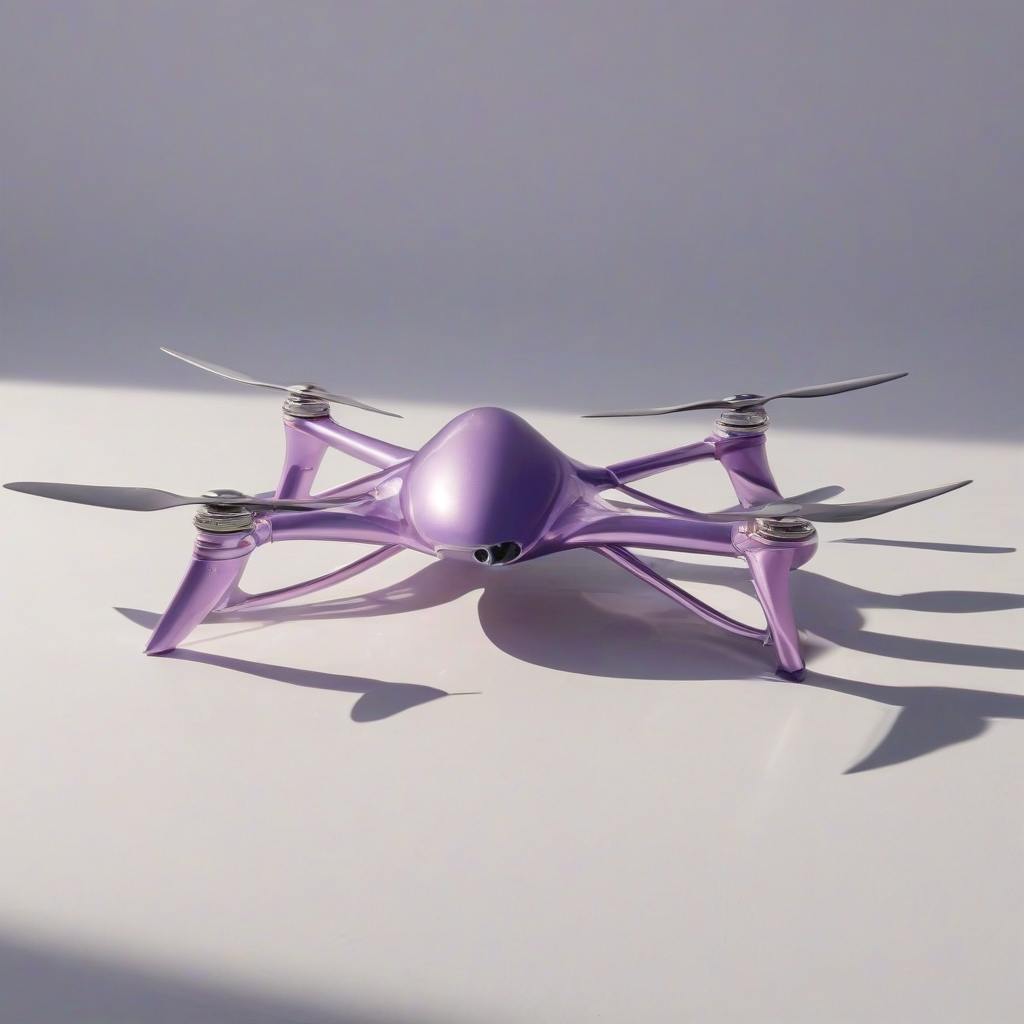 A sleek, lavender-colored drone with a contemporary design, featuring sharp lines and a metallic sheen, in a wide shot with the drone's propellers and landing gear visible, set against a plain white background, with soft, natural light and subtle shadows to accentuate its futuristic shape