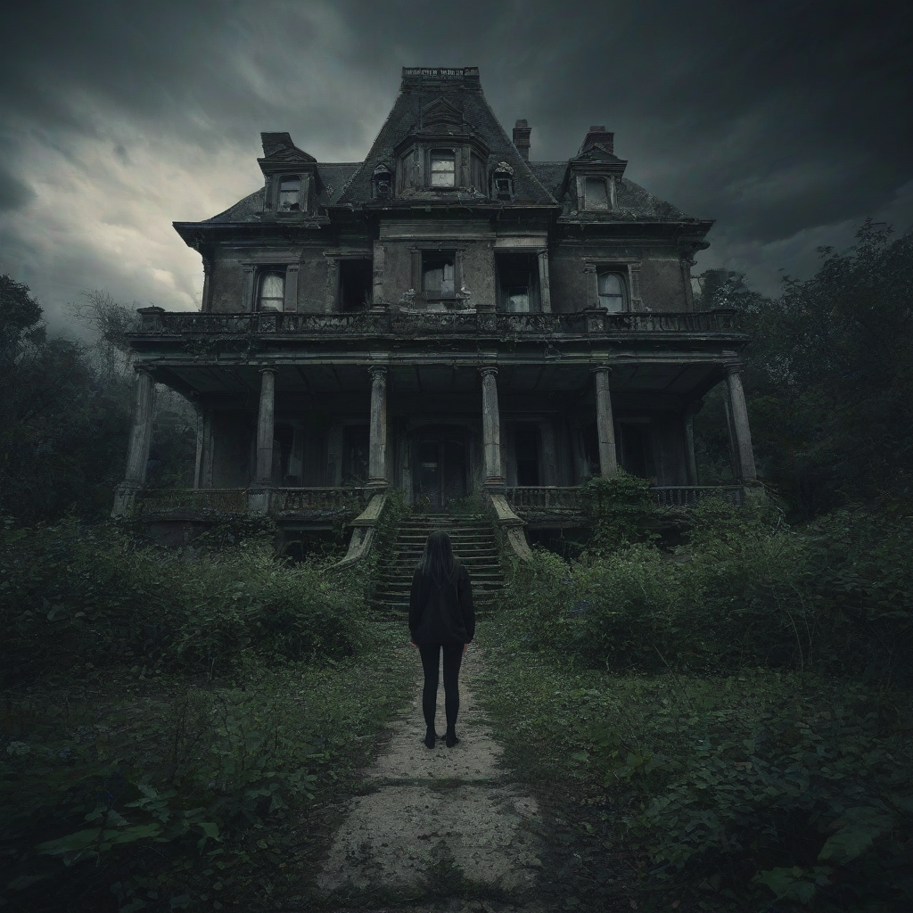 A creepy, abandoned, and decrepit old mansion with overgrown gardens and a dark atmosphere, full-body view, wide shot, feet visible, digital art style, with hard rim light and dynamic shadows