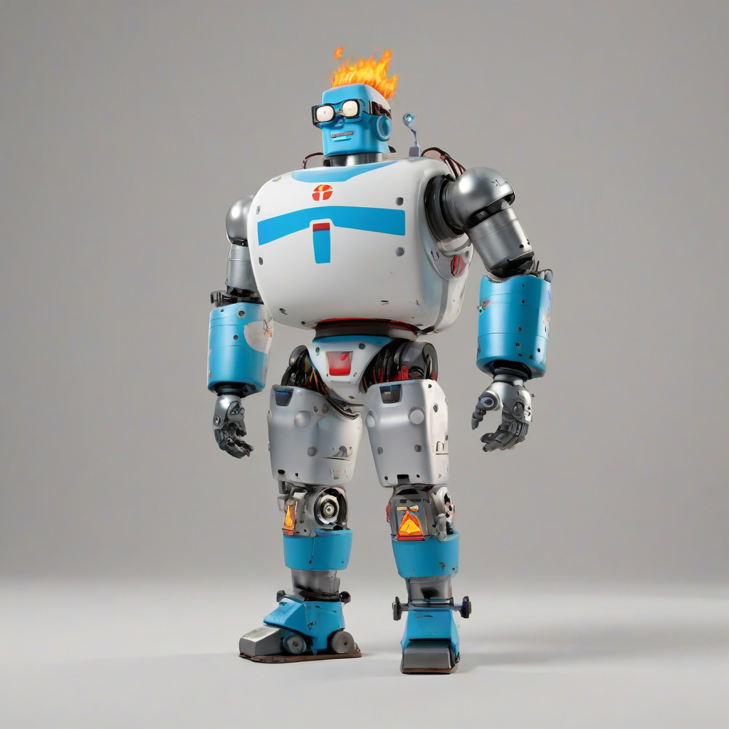 A full-body view of Mecha Hank Hill, a robot version of the character from the animated series King of the Hill, with a metallic propane tank on his back, standing on a plain white background, with a wide shot and feet visible, in a digital art style with bold lines and vibrant colors, and dynamic shadows, on a plain white background, even lighting 