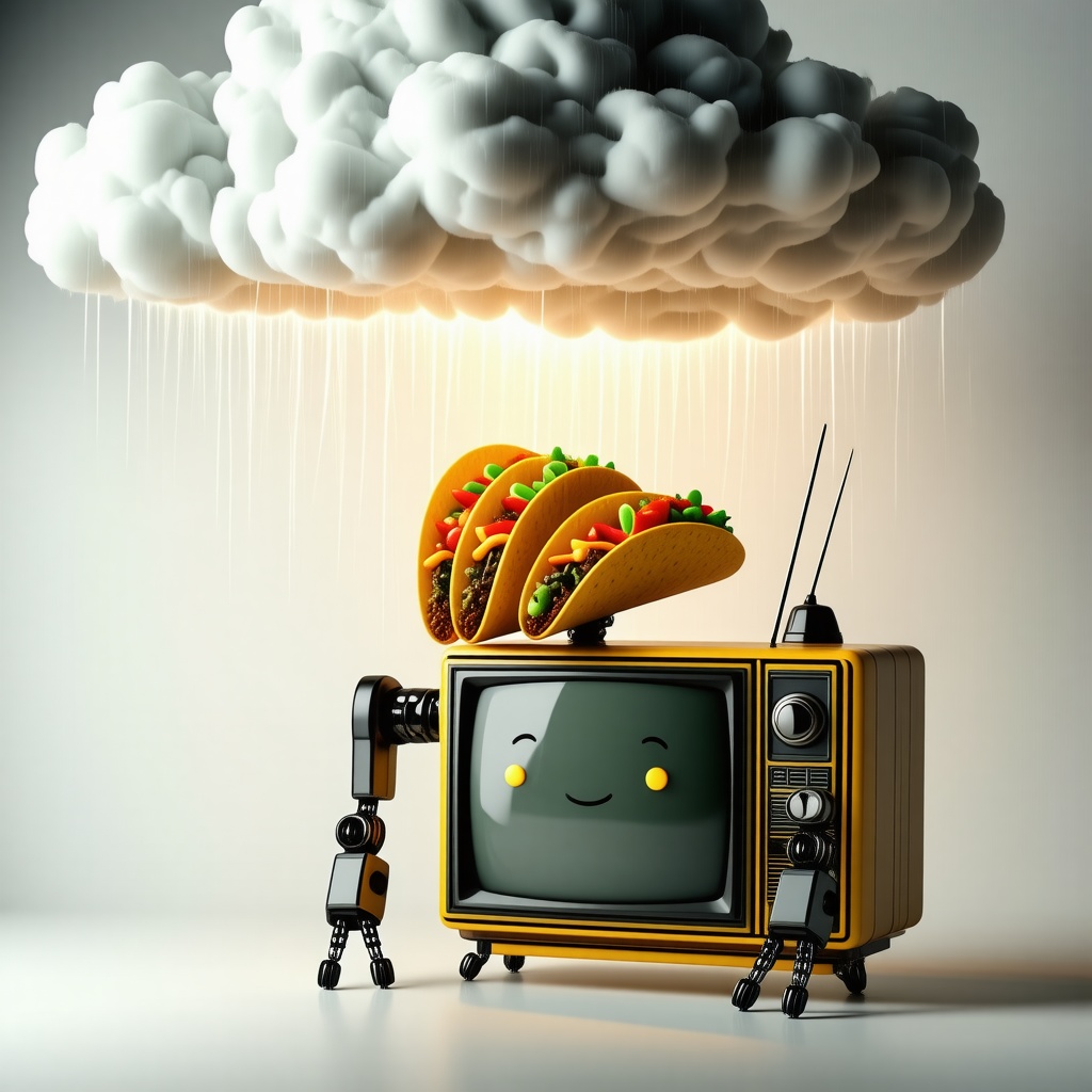 A large storm cloud raining down tiny tacos on a happy retro 1960s television style robot