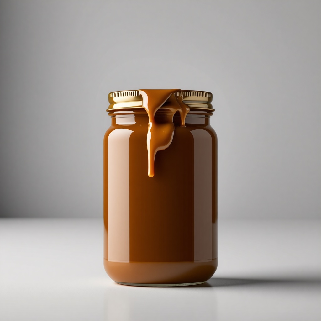 A wide shot of a creamy peanut butter jar with peanut butter dripping off the lid, on a plain white background, with a warm and inviting lighting, in a photography style