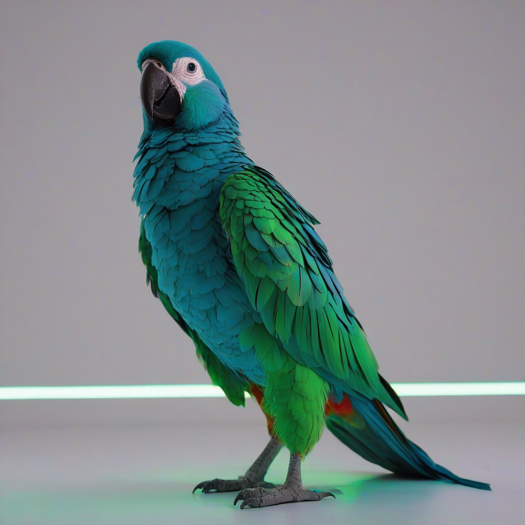 A full-body view of a blue, synthwave-inspired, neon-lit parrot, with vibrant green feathers, standing on a plain white background, with a wide-angle shot, and a retro-futuristic aesthetic, incorporating elements of 80s and 90s electronic music culture, with bold, bright colors and dynamic lighting